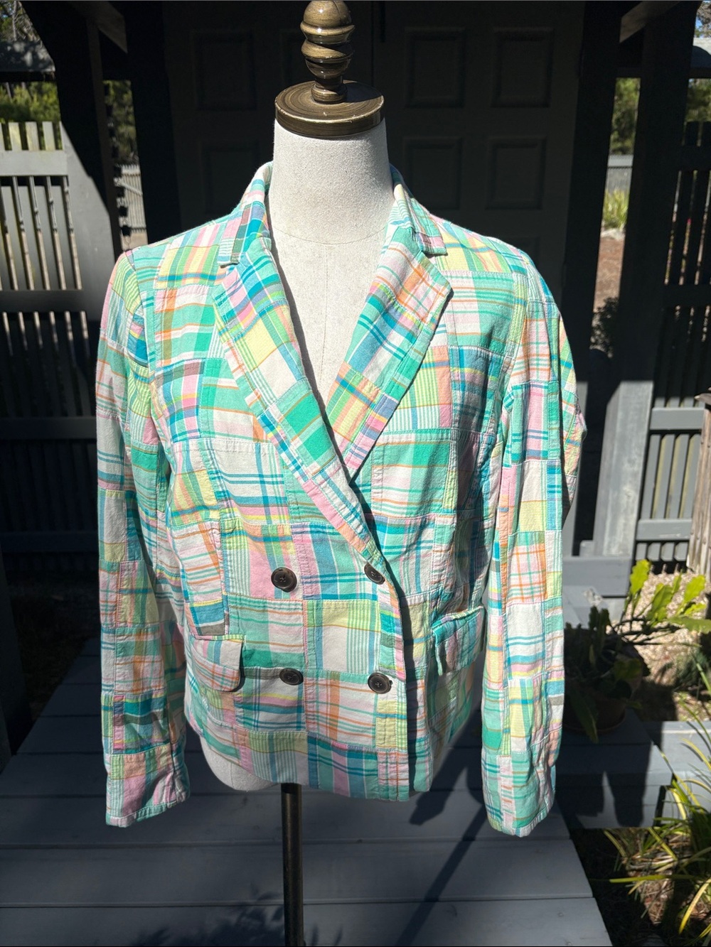 Talbots Plaid Pastel Madras Double Breasted Blazer